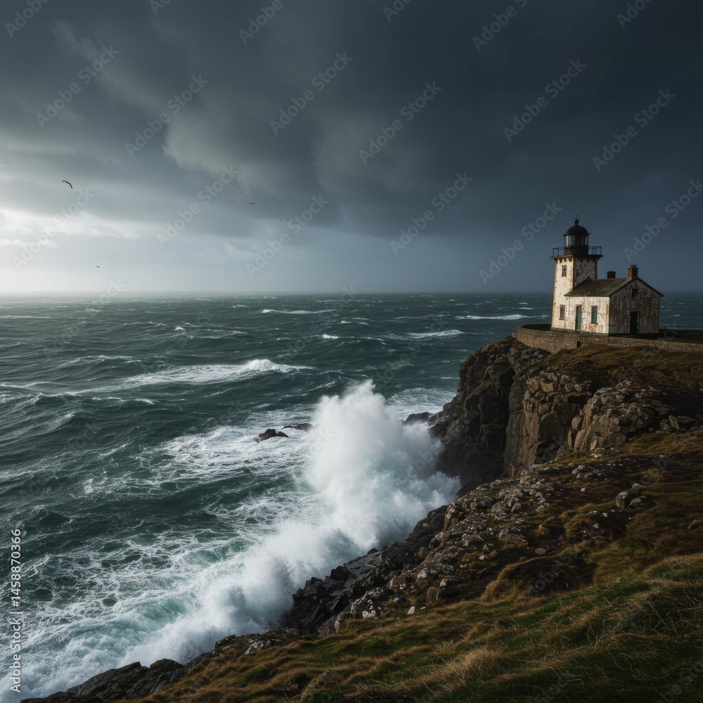 Lighthouse on a Cliff During a Dramatic Ocean Storm Lighthouse on a Cliff During a Dramatic Ocean Storm
