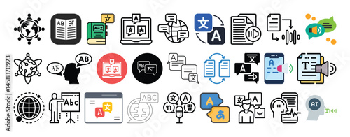 Set of Language learning. Translation, Multilingual AI, Speech to text, Transcription and Global Communication icon set collection vector design.