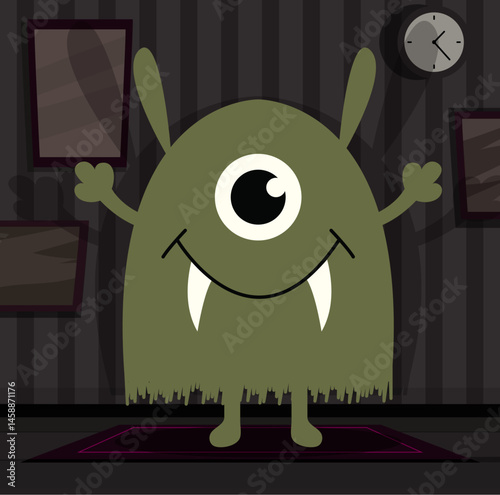 Cartoon image of a monster in a room, vector illustration. A cute smiling child character with one eye and fangs. Nightmare, cute creature, alien, ghost
