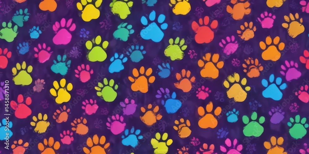 Vibrant rainbow paw prints, doodle style seamless repeat, paw prints pattern, background Vibrant rainbow paw prints, doodle style seamless repeat, paw prints pattern, background
