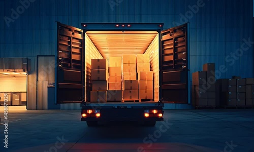 A truck with its rear doors open, displaying boxes inside it in front of an industrial warehouse. 