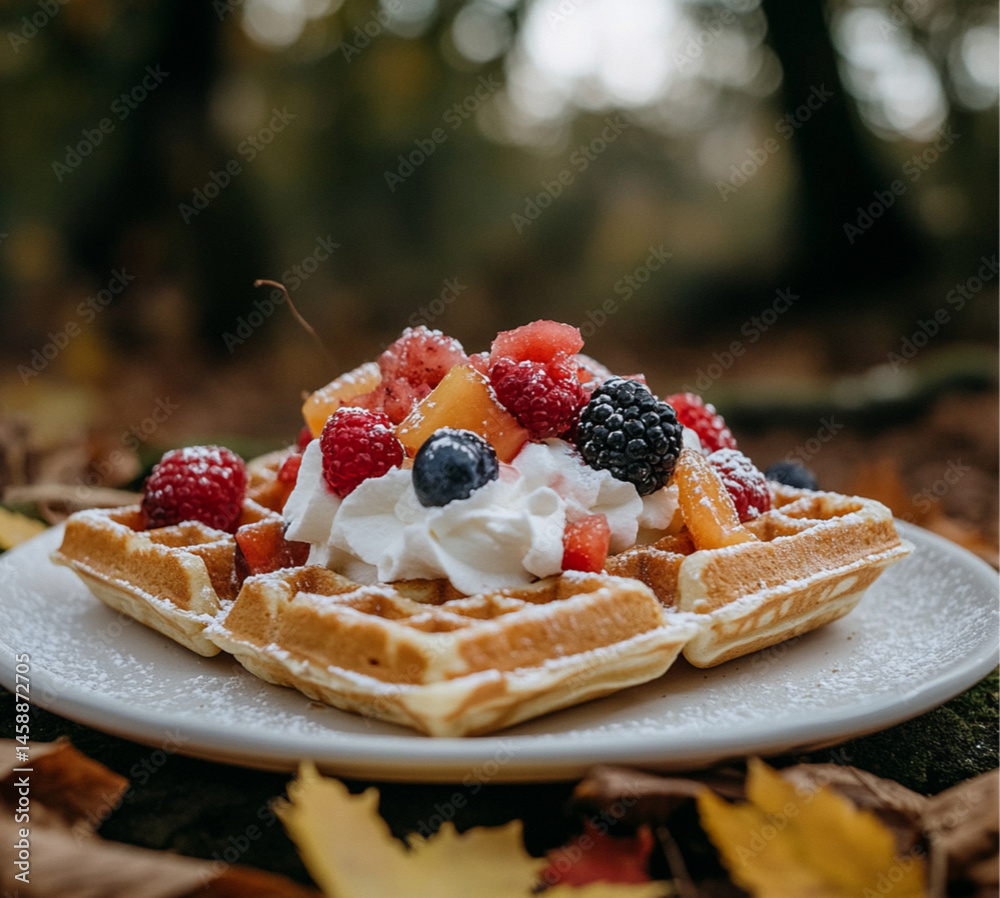 A square waffle with white cream and fruit, placed on an outdoor table at the summer park, On top of the waffle,strawberries, blueberries, grapes, and sliced peaches.