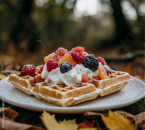 Obraz na płótnie A square waffle with white cream and fruit, placed on an outdoor table at the summer park, On top of the waffle,strawberries, blueberries, grapes, and sliced peaches. w salonie