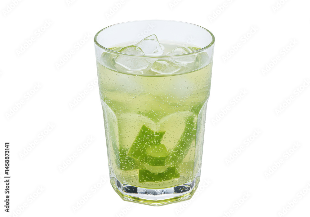 Refreshing aloe vera drink with ice cubes set against a dark background Refreshing aloe vera drink with ice cubes set against a dark background