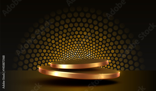 Golden podium with lighting, Stage Podium Scene with for Award, Decor element background. Vector