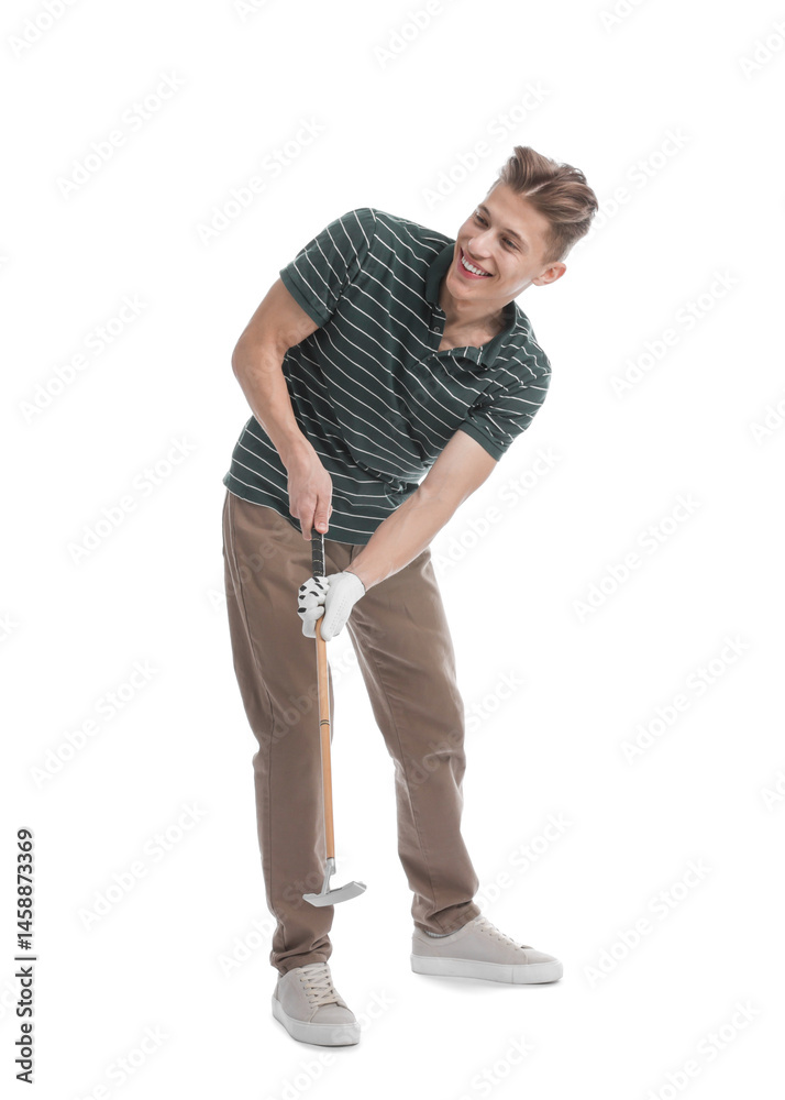 Naklejka premium Man with golf club on white background
