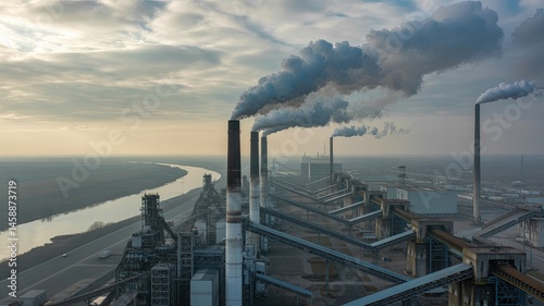 Aerial View of Waste Incineration Facility, Industrial Architecture with Smokestacks and Waste Processing Area, Clean Sky and Clear Environment