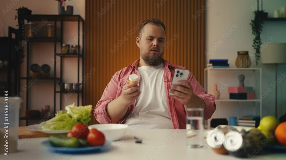 Plus-size man holding vitamin bottle, reading instructions for dieting support Plus-size man holding vitamin bottle, reading instructions for dieting support