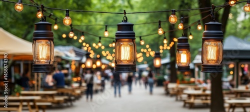 Golden Hour Glow Outdoor Celebration with String Lights, Lanterns, and Festive Bokeh