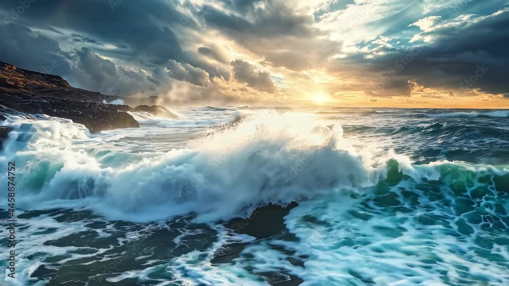 Magnificent Sunset with Waves Crashing on Rocks Magnificent Sunset with Waves Crashing on Rocks