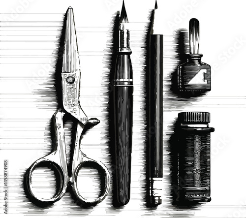 Vector Craft & Writing Tools, Monochrome Scissors and Ink Set.
