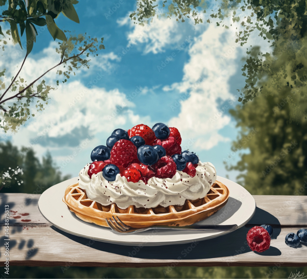 A waffle with whipped cream and fruit on a white plate, set outdoors.