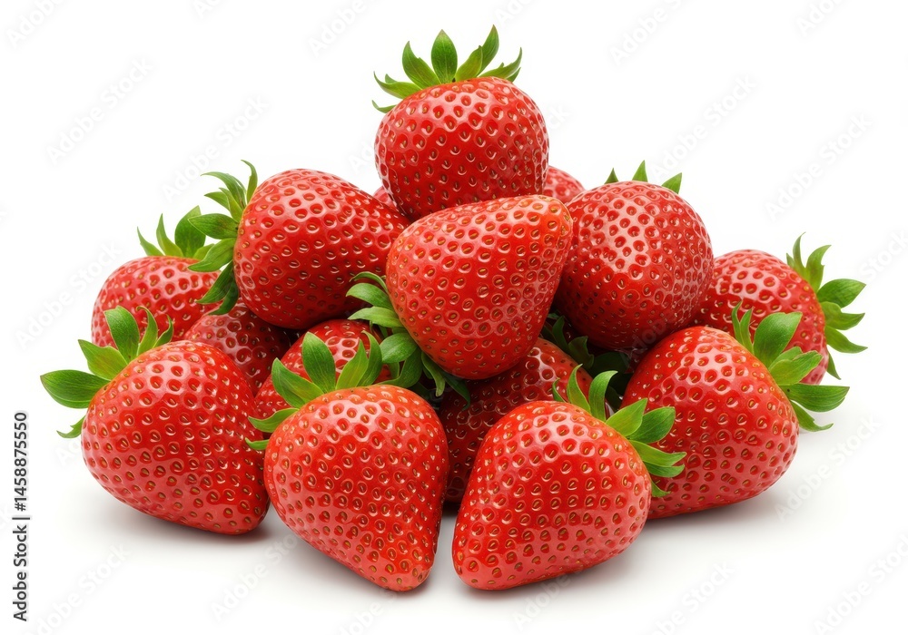 Pile of fresh, ripe red strawberries with green leaves arranged on a white surface Pile of fresh, ripe red strawberries with green leaves arranged on a white surface