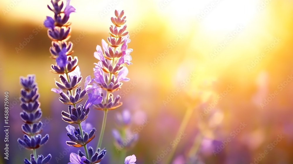 Obraz premium Close-up view of lavender flowers bathed in warm sunset light, showcasing delicate purple blossoms and soft bokeh background. : Generative AI