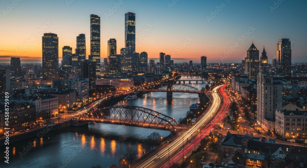 Obraz premium City Skyline at Sunset with River Traffic