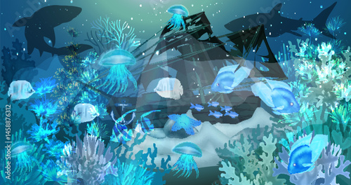 Underwater banner with sunken ship and sharks. vector illustration