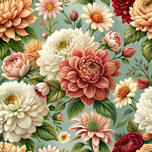 Vintage Floral Pattern with Dahlias and Chrysanthemums