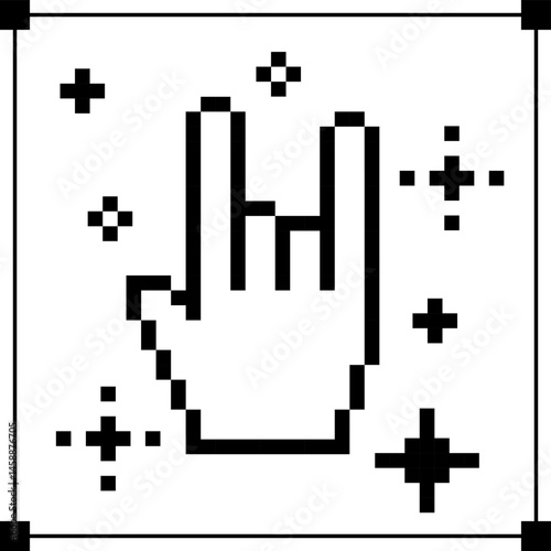 Rock hand gesture icon. Pixel y2k trendy sticker. 8 bit rockstar sign. Abstract game element. Cool retro pixel art vector illustration for music festival, party, concert. Punk, pop. White background