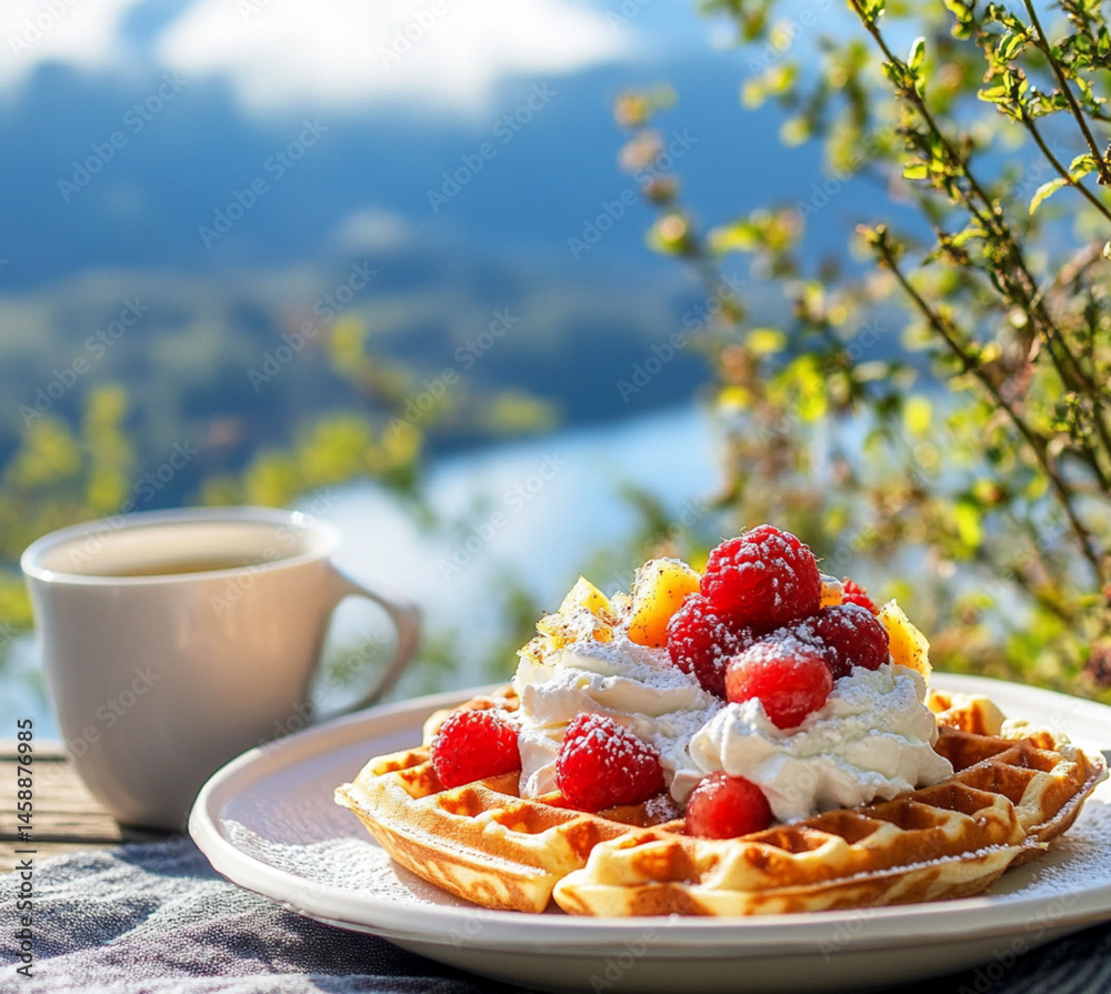 A waffle with whipped cream and fruit on a white plate, set outdoors.