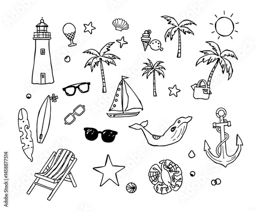 Black & White Summer Beach Doodle Vector Set – Nautical Icons & Tropical Elements, set of hand drawn icons, travel drawing vector, vector collection