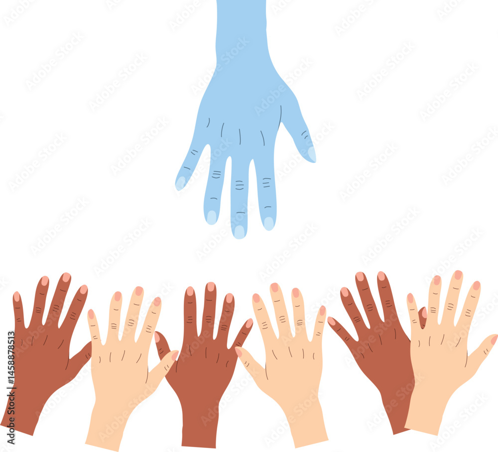 Obraz premium Large hand reaching down and smaller hands of all kinds reaching up