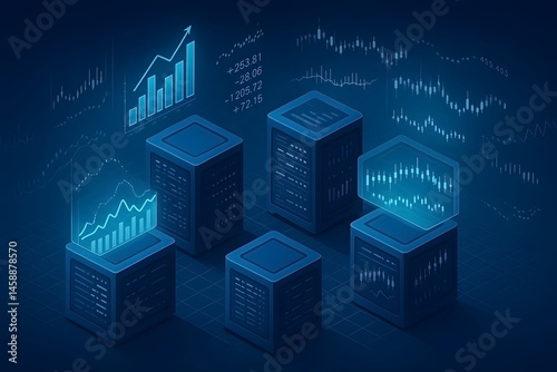 Futuristic illustration of data servers and financial trading charts depicting business analytics and investment strategies
