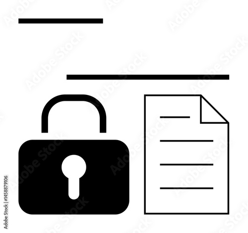 Padlock beside a document with text suggesting security, privacy, encryption, intellectual property. Ideal for cybersecurity, access control, information safety, data protection, digital rights file