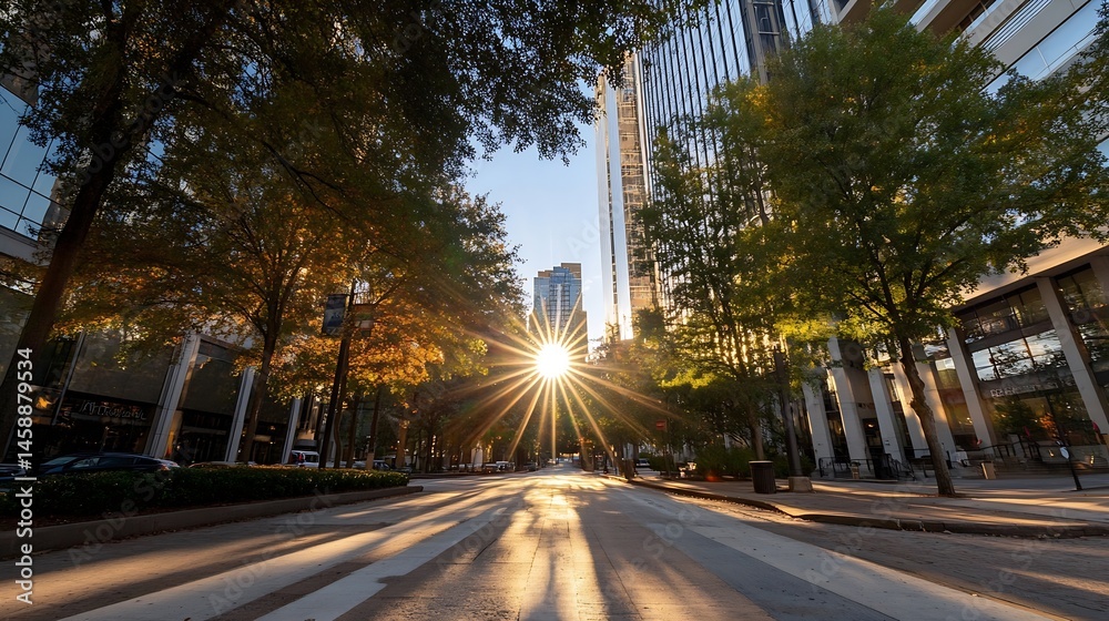 Fototapeta premium Sun rays burst through trees lining a city street, illuminating modern buildings at sunrise. Shadows stretch across the pavement, creating a tranquil urban scene. : Generative AI