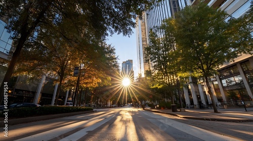 Sun rays burst through trees lining a city street, illuminating modern buildings at sunrise.  Shadows stretch across the pavement, creating a tranquil urban scene. : Generative AI