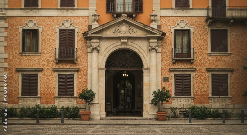 Orange Facade of a Classical Building with Ornate Entrance Orange Facade of a Classical Building with Ornate Entrance