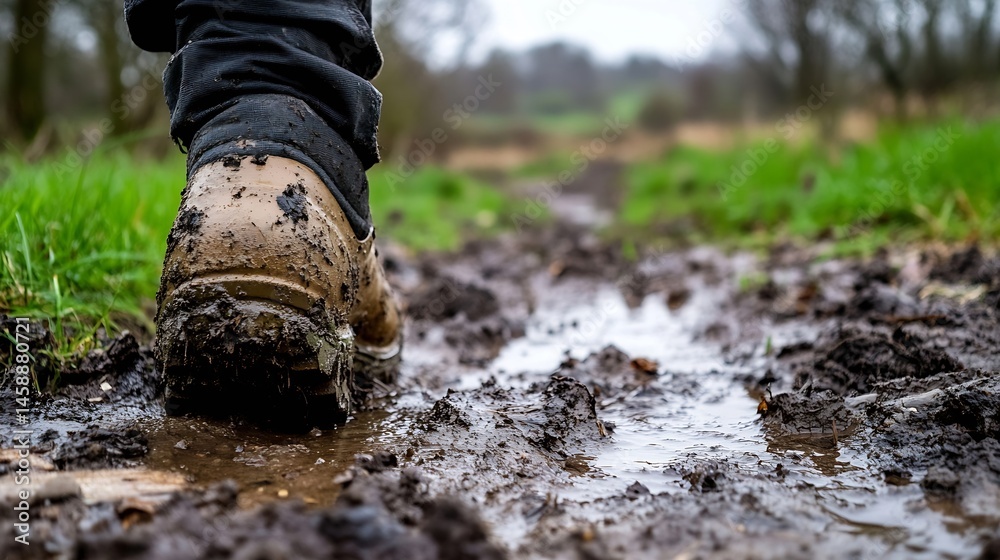 Muddy hiking boot traversing a wet, rural trail, showcasing the texture of the earth and the boot's sole covered in clinging mud. : Generative AI Muddy hiking boot traversing a wet, rural trail, showcasing the texture of the earth and the boot's sole covered in clinging mud. : Generative AI