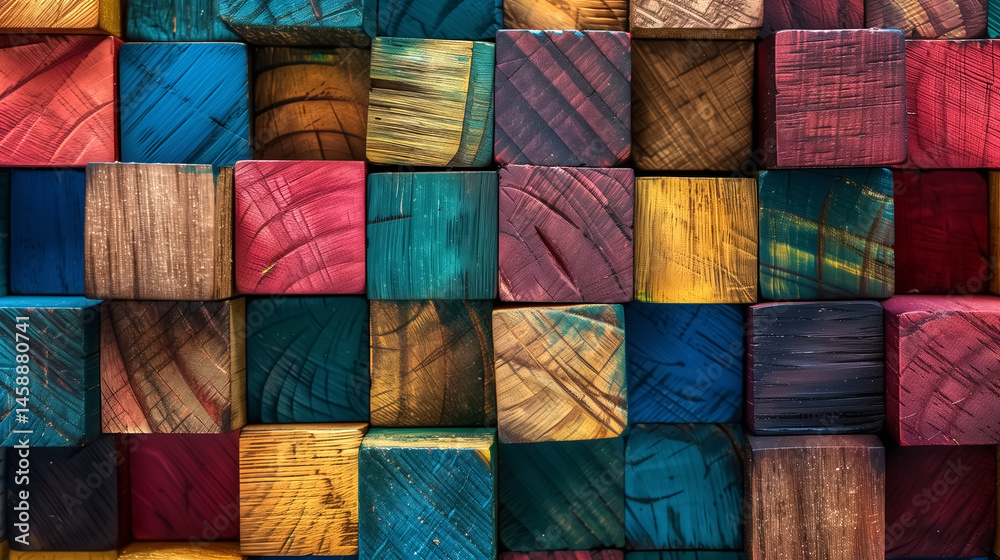 Colorful wooden cubes arranged in an abstract pattern, showcasin Colorful wooden cubes arranged in an abstract pattern, showcasin
