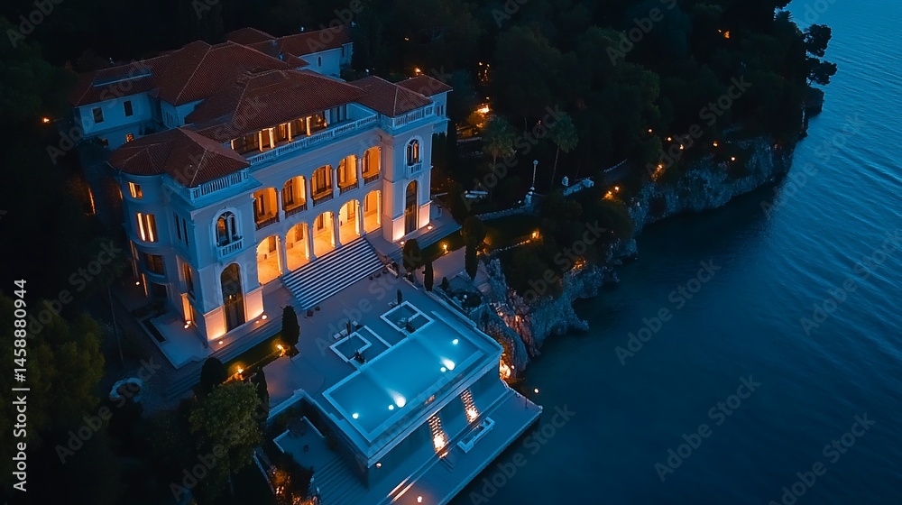 Obraz premium Illuminated waterfront villa nestled on a cliffside at twilight