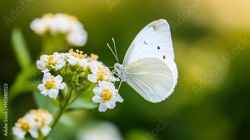 A delicate white butterfly rests gently on a cluster of small, white flowers, its wings spread slightly, showcasing intricate details against a soft green background. The scene evokes : Generative AI