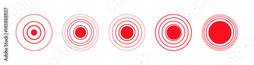Red Pain localization icons isolated. Epicenter, target, radar icon concept. Radial signal or vibration elements PNG.