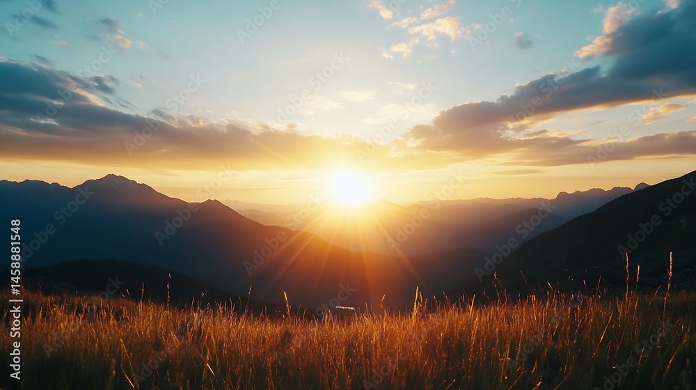 Obraz premium Majestic sunset over a mountain range, casting a golden glow on the tall grass in the foreground. The sun's rays illuminate the peaks and valleys, creating a breathtaking landscape. : Generative AI