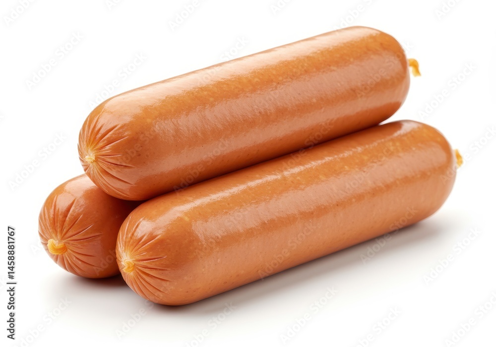Three stacked sausages on a white surface, showcasing their smooth texture and cylindrical shape in a simple composition Three stacked sausages on a white surface, showcasing their smooth texture and cylindrical shape in a simple composition
