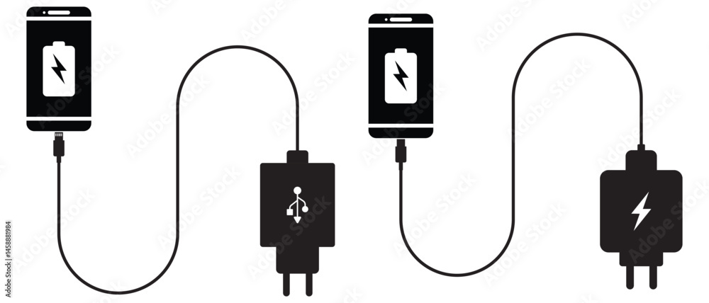 Obraz premium Mobile charger, USB cable with mobile phone icon. USB cable icon vector illustration. Black USB cable vector icon. Mobile phone charging cable. Vector illustration. Electric plug and cable icon.