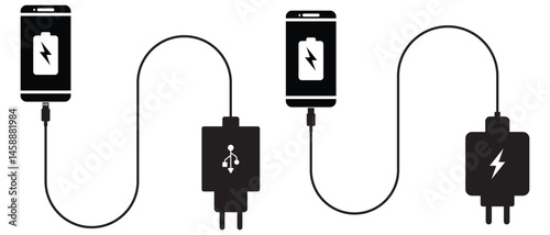 Mobile charger, USB cable with  mobile phone icon. USB cable icon vector illustration. Black USB cable vector icon. Mobile phone charging cable. Vector illustration. Electric plug and cable icon.