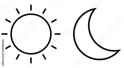 Light and dark mode, simplistic design of the sun and the moon representing switch to light and dark mode interface or application display preference options.