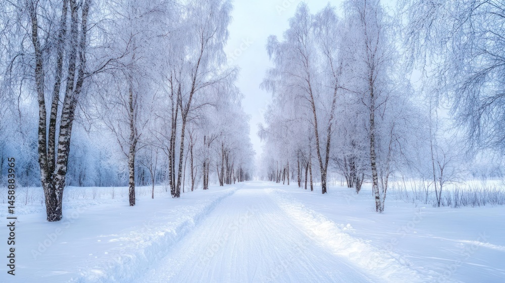 Fototapeta premium Snowy path through frost covered birch trees winter landscape