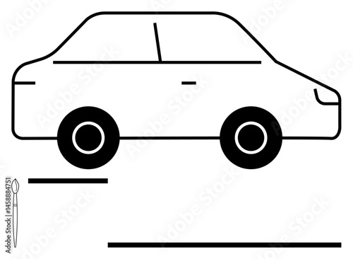 Black outline of a car with minimal detail paired with a paintbrush. Ideal for automotive design, customization, creativity, transportation concepts, minimalism, design planning, and flat simple