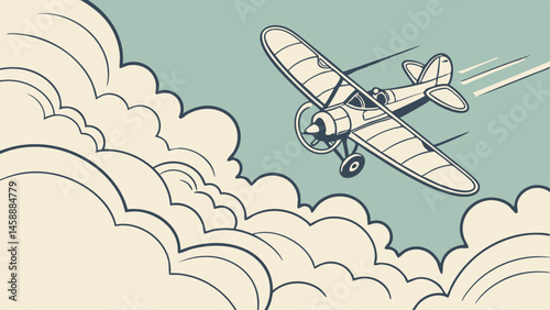 Vector vintage airplane flying through fluffy clouds in retro style, evoking sense of adventure and nostalgia