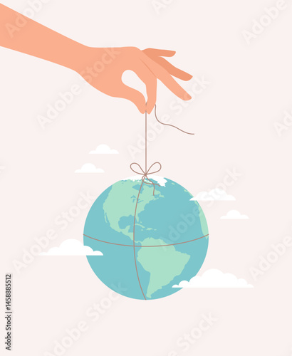 Human hand holding planet Earth tied with string. Flat vector illustration