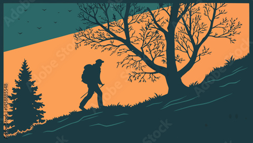 Vector silhouette of hiker walking hillside with tree and gradient background of dark teal and orange, evoking adventure and nature