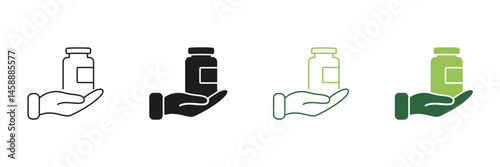 Supplements And Vitamins Line and Silhouette Icon Set. Nutritional Support For Health And Wellness. Hand Holding Bottle Icon. Editable Stroke. Isolated Vector Illustration