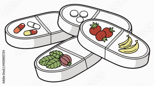 Vector Healthy lifestyle with various supplements and fruits in pill shaped containers