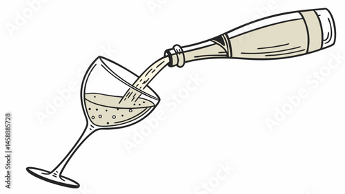 Vector bottle of sparkling wine is pouring into glass, creating festive atmosphere