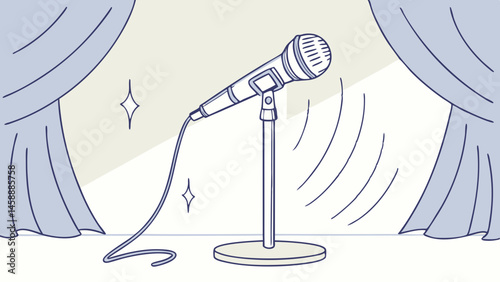 Vector microphone on stage with curtains in background, ready for performance, evokes excitement and anticipation
