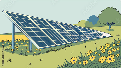 Vector Solar panels in field surrounded by flowers and greenery, showcasing renewable energy and nature beauty